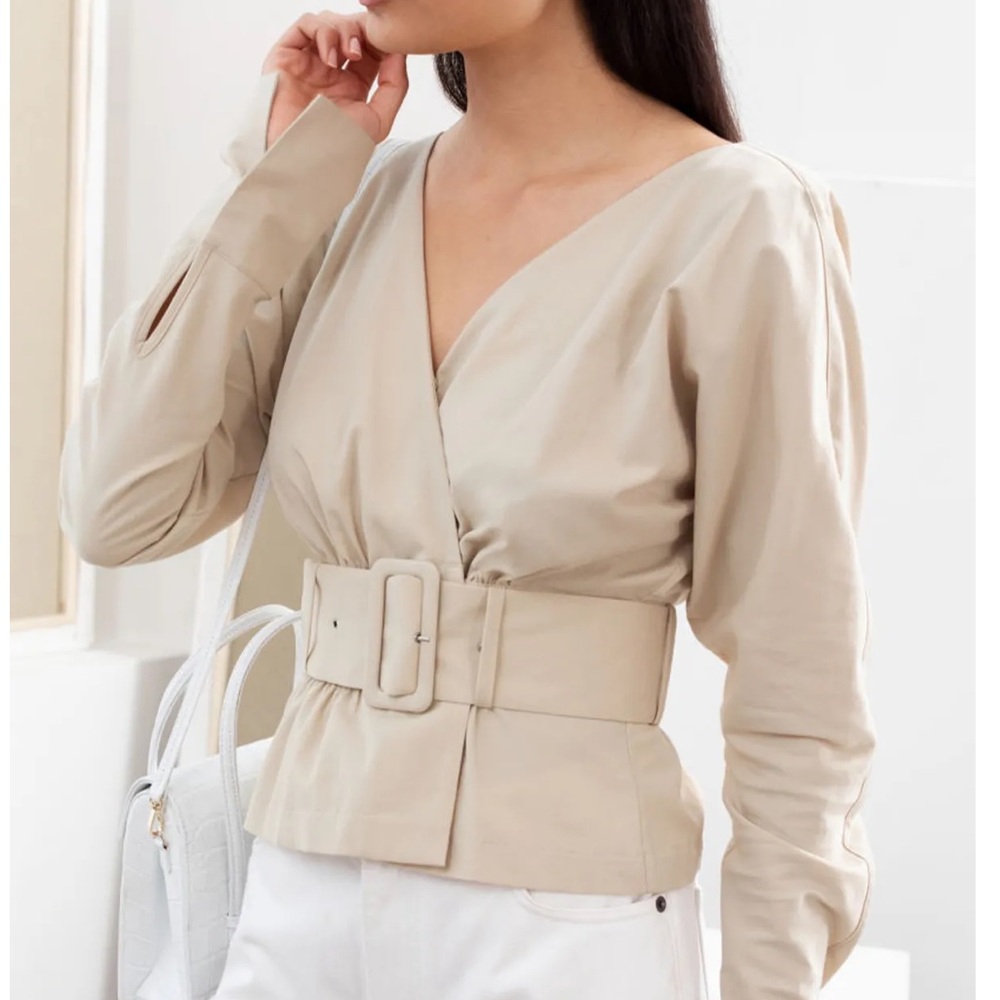 & Other Stories Wrap Belted Blouse Cream Buckle Dolman Long Sleeve Jacket Size 6